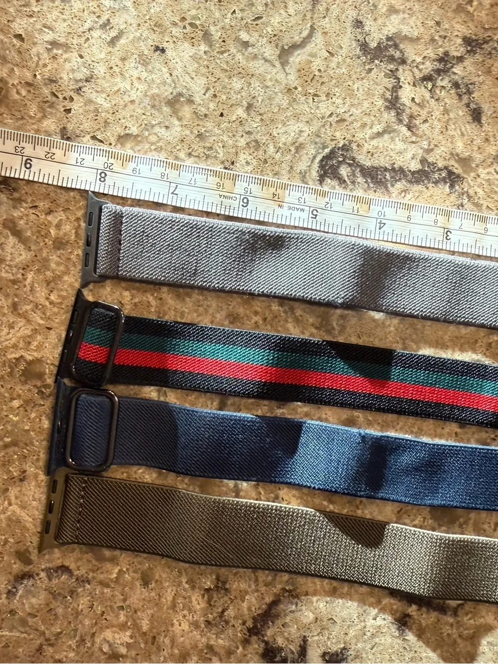Set of 4 Nylon Apple Watch Bands - Gray, Black/Green/Red Stripe, Navy, Olive